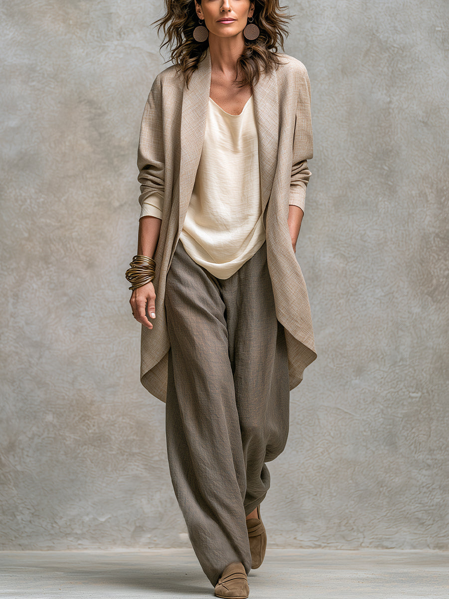 Women's Draped Open Front Duster Jacket, Cami Top & Wide Leg Pants Set