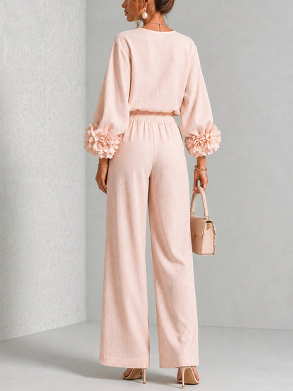 Women's Crew Neck Floral Cuff Wide Leg Two-Piece Pants Set