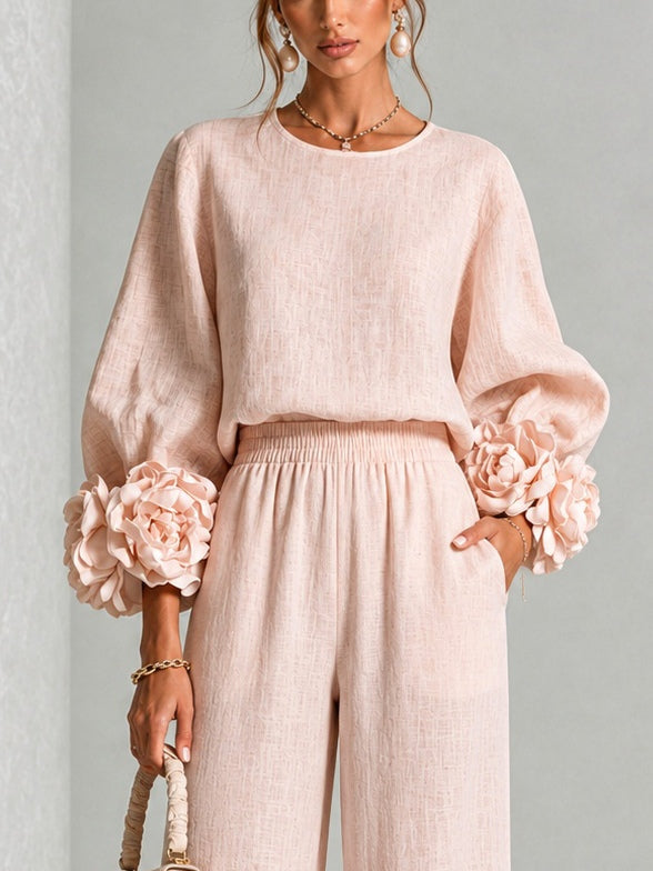 Women's Crew Neck Floral Cuff Wide Leg Two-Piece Pants Set