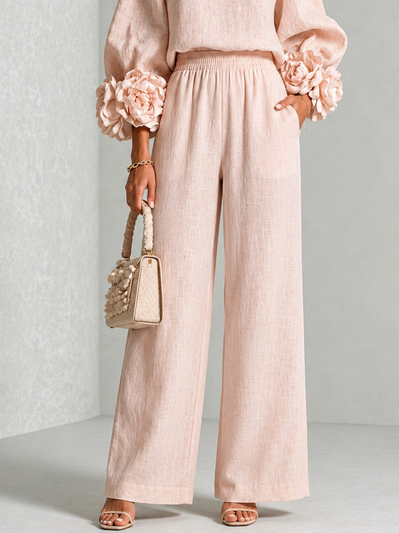 Women's Crew Neck Floral Cuff Wide Leg Two-Piece Pants Set