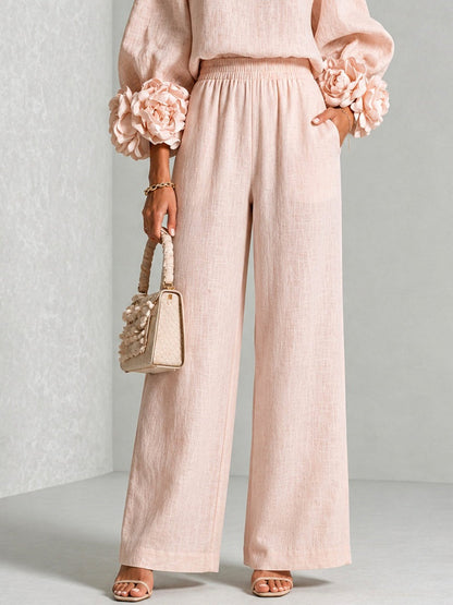 Women's Crew Neck Floral Cuff Wide Leg Two-Piece Pants Set