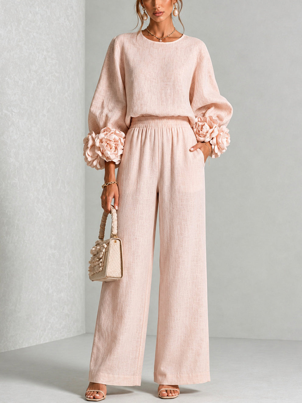 Women's Crew Neck Floral Cuff Wide Leg Two-Piece Pants Set