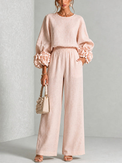 Women's Crew Neck Floral Cuff Wide Leg Two-Piece Pants Set