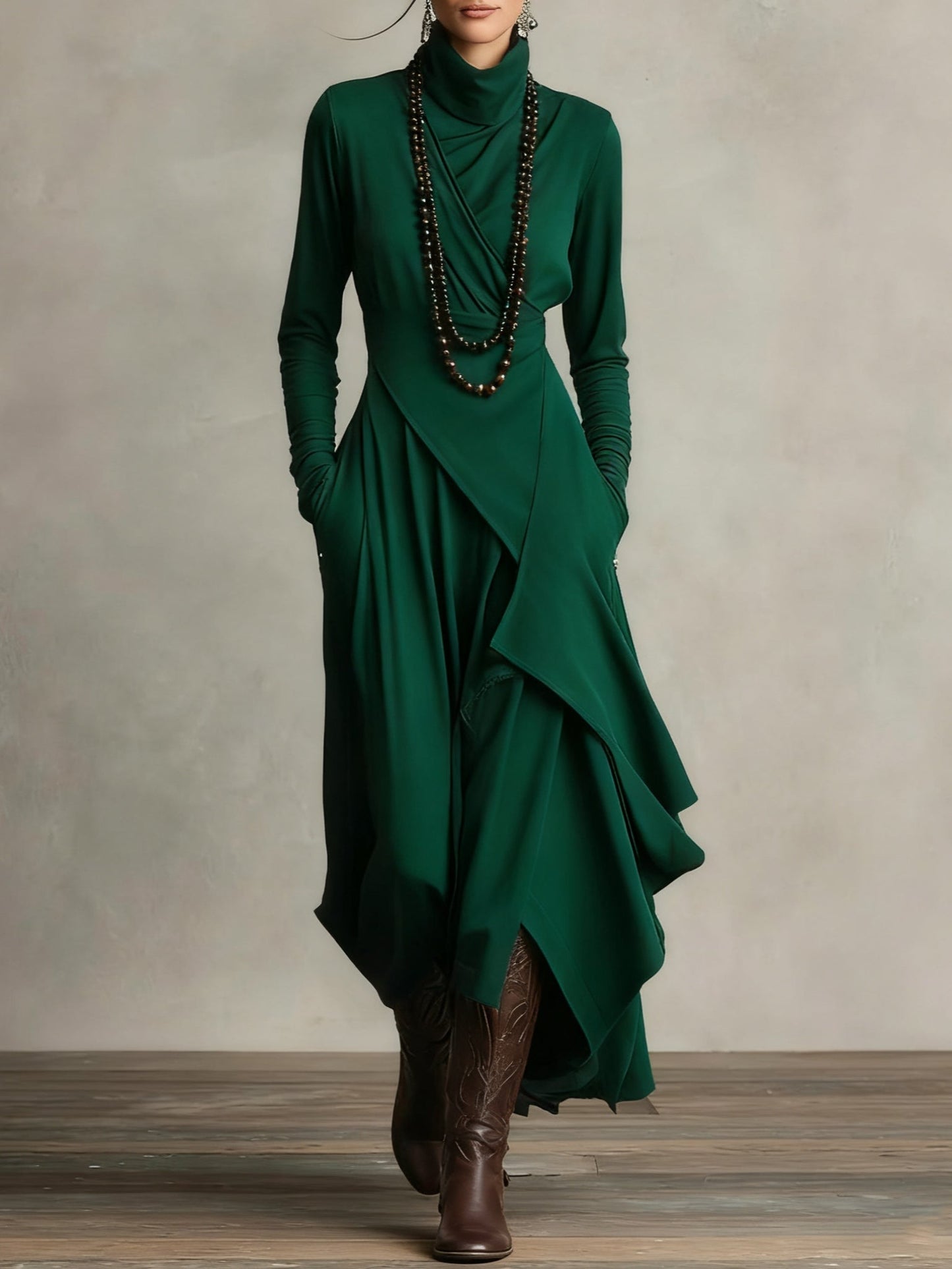 Women's Turtleneck Long Sleeve Asymmetric Maxi Dress