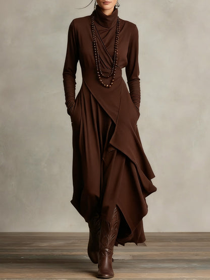 Women's Turtleneck Long Sleeve Asymmetric Maxi Dress