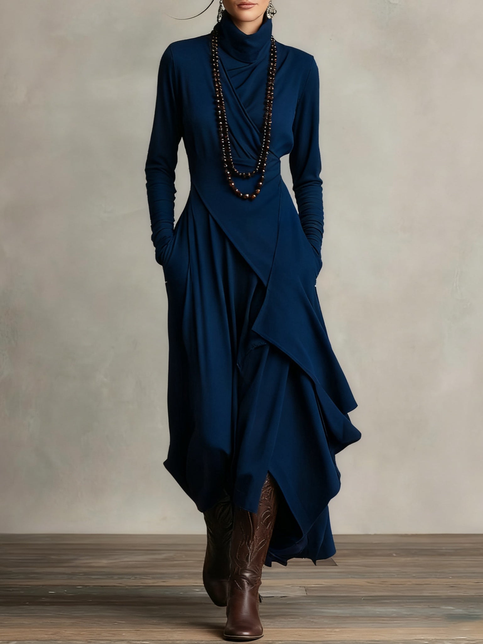 Women's Turtleneck Long Sleeve Asymmetric Maxi Dress
