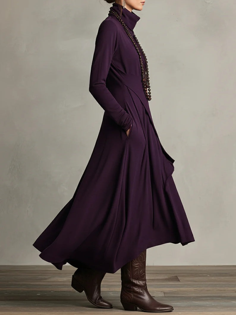 Women's Turtleneck Long Sleeve Asymmetric Maxi Dress