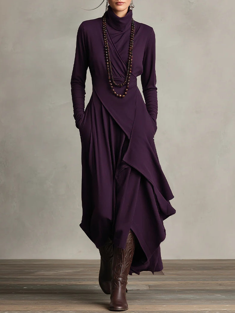 Women's Turtleneck Long Sleeve Asymmetric Maxi Dress