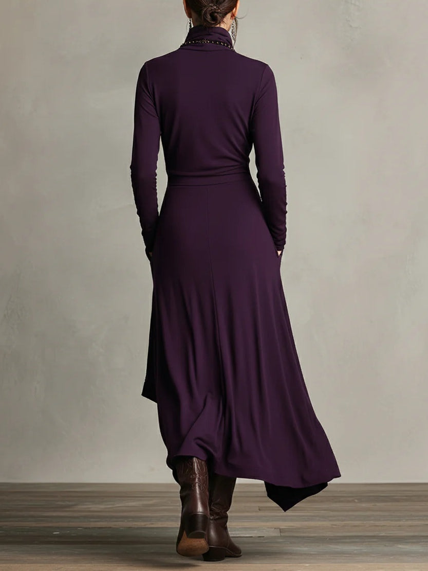 Women's Turtleneck Long Sleeve Asymmetric Maxi Dress