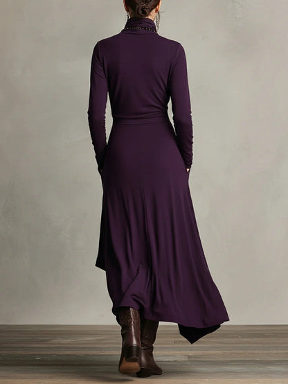 Women's Turtleneck Long Sleeve Asymmetric Maxi Dress
