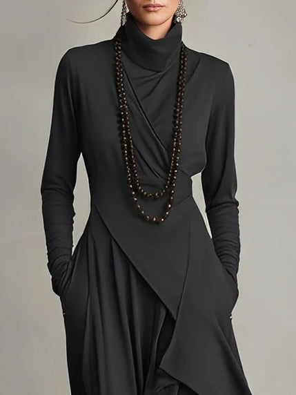 Women's Turtleneck Long Sleeve Asymmetric Maxi Dress
