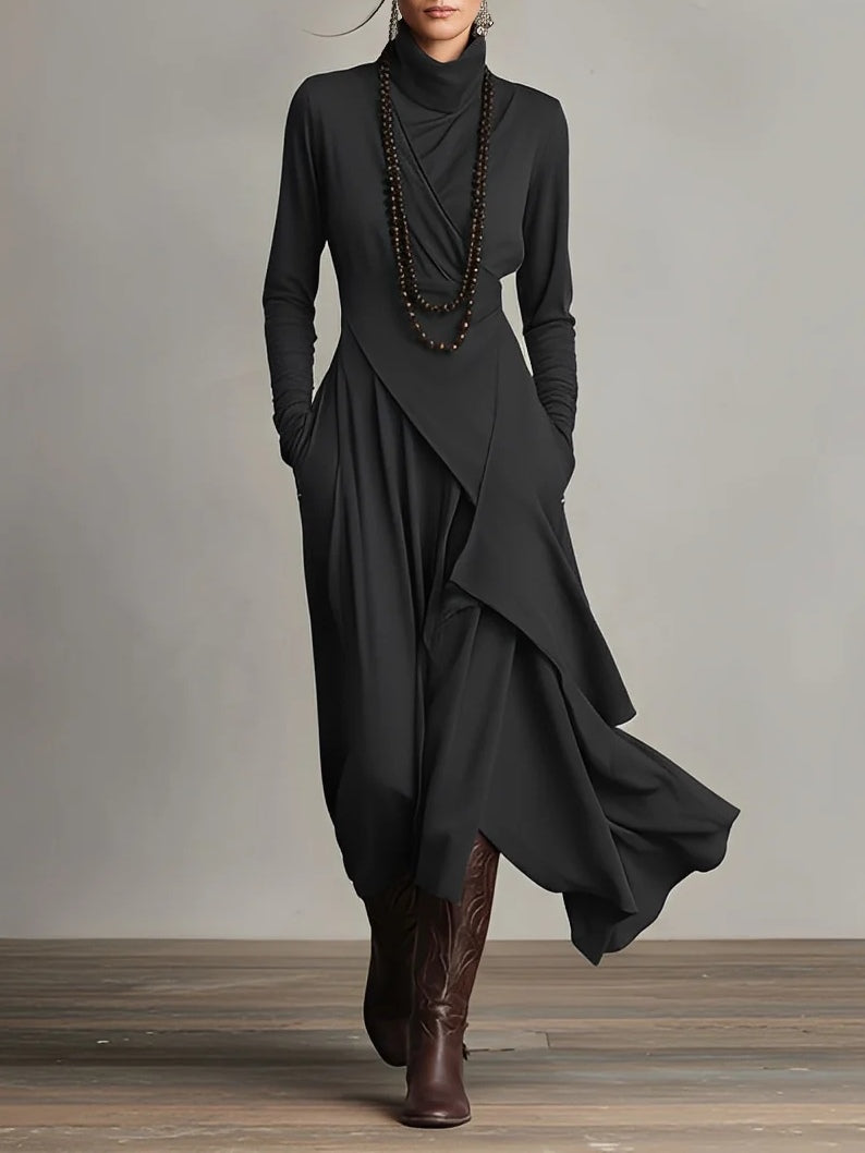 Women's Turtleneck Long Sleeve Asymmetric Maxi Dress