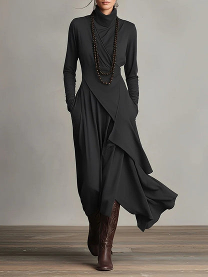 Women's Turtleneck Long Sleeve Asymmetric Maxi Dress