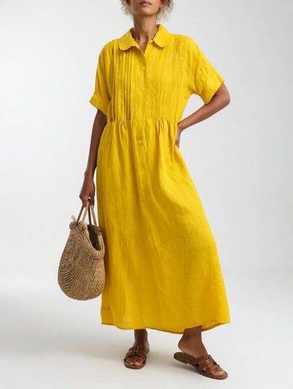Collared Buttoned Gathered Loose Midi Dress