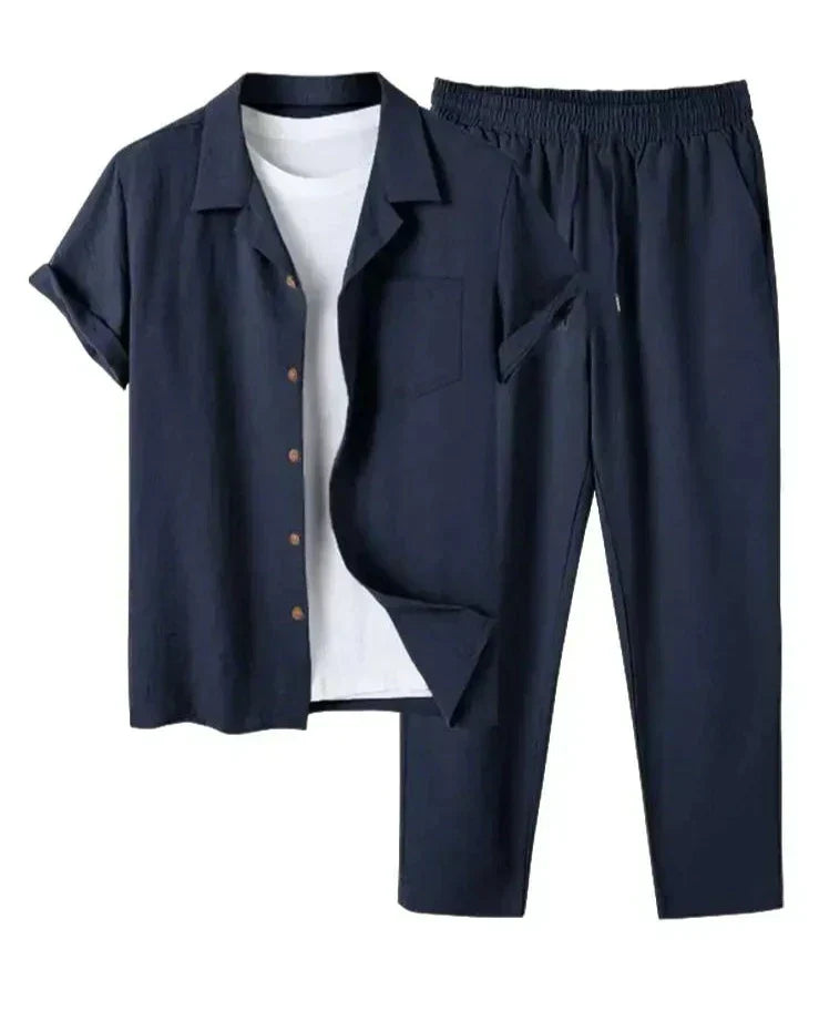 Collared Buttoned Pocketed Textured Loose Plain Set