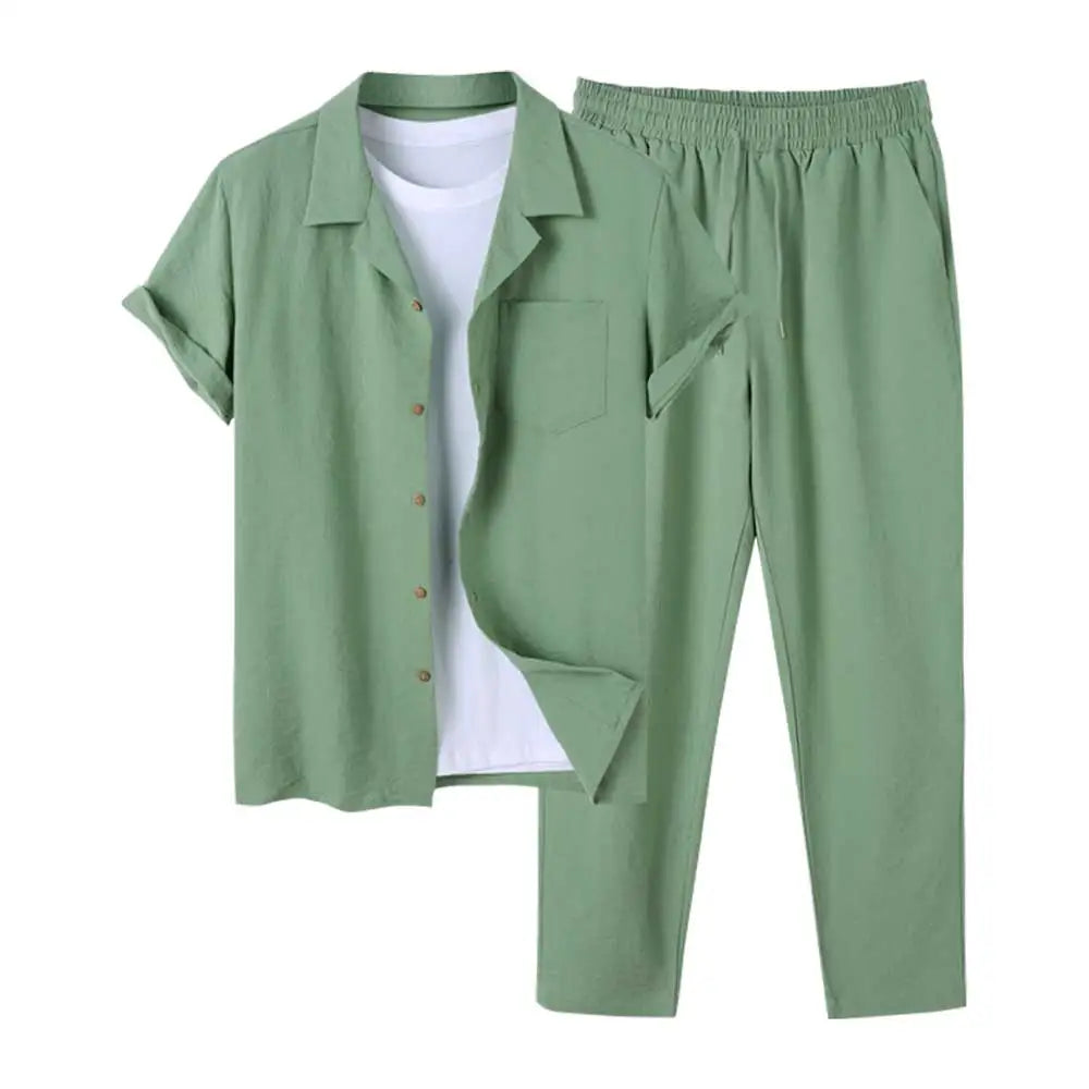 Collared Buttoned Pocketed Textured Loose Plain Set