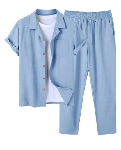 Collared Buttoned Pocketed Textured Loose Plain Set