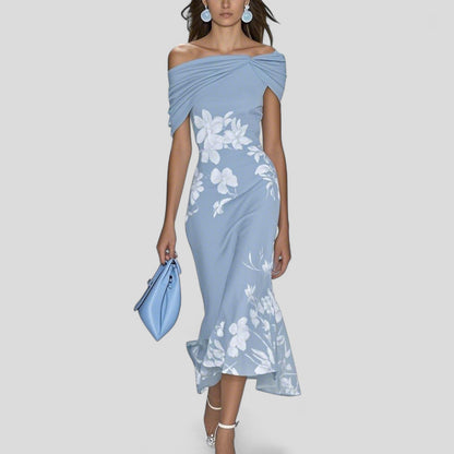 Floral Draped Fitted Asymmetric Flared Dress