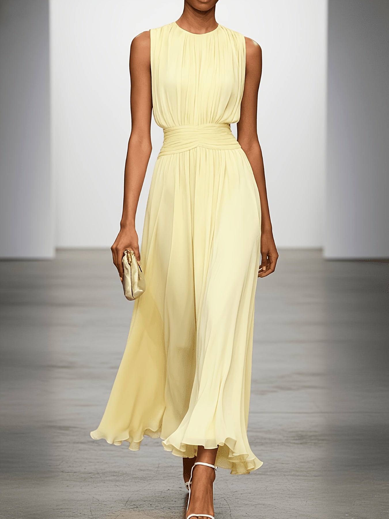 Sleeveless Ruched Waist Pleated Maxi Dress