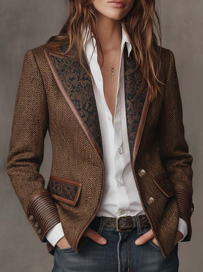 Women's Peak Lapel Long Sleeve Herringbone Blazer