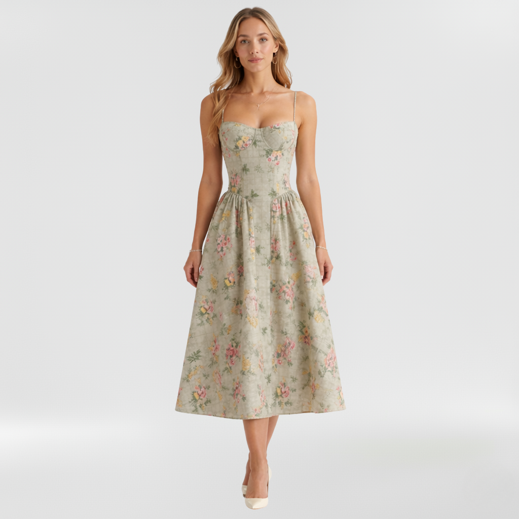 Corset Structured Sleeveless Paneled Gathered Midi Dress