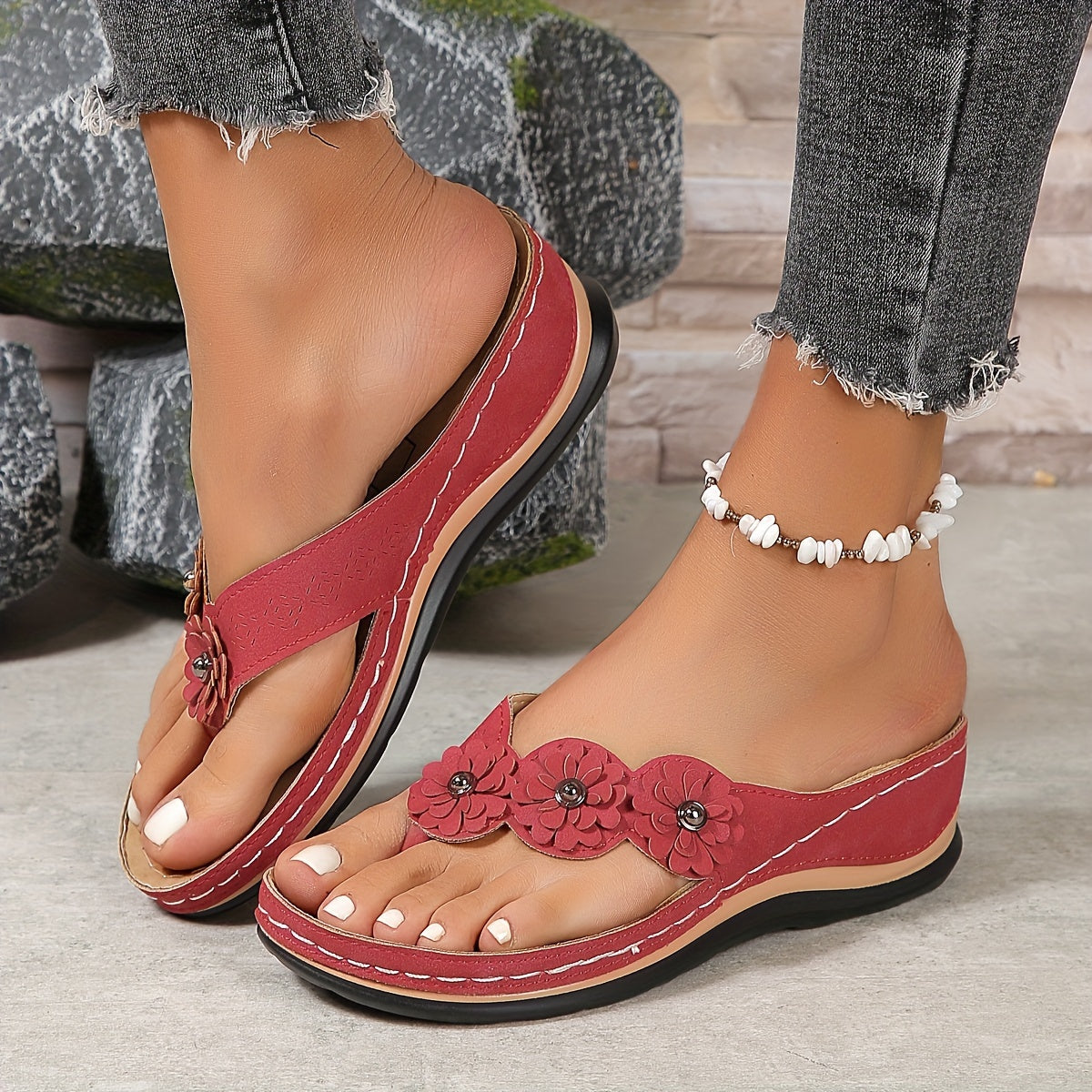 Flower Detail Thong Post Platform Sandals