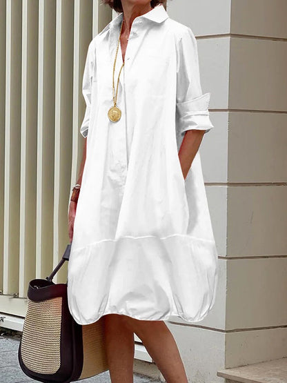 Lapel Collar Button Up Bubble Hem Shirt Dress