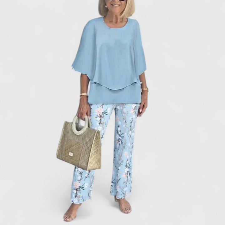 Layered Round Neck Batwing Sleeve Top Straight Leg Set