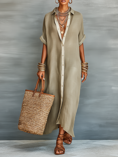 Collar Button Placket Short Sleeve Maxi Dress