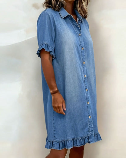 Short Sleeve Collared Button Front Ruffle Hem Dress