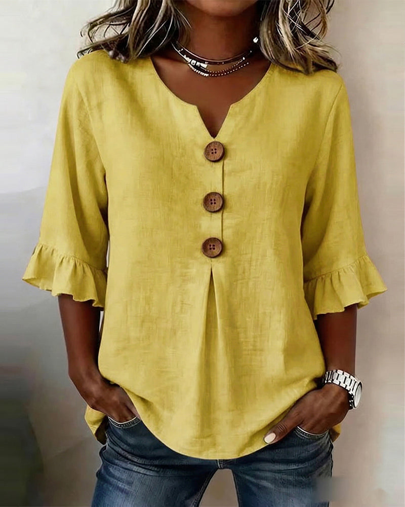 V Neck Button Detail Ruffle Sleeve Top