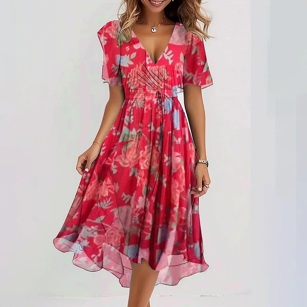 V Neck Short Sleeve Printed Dress