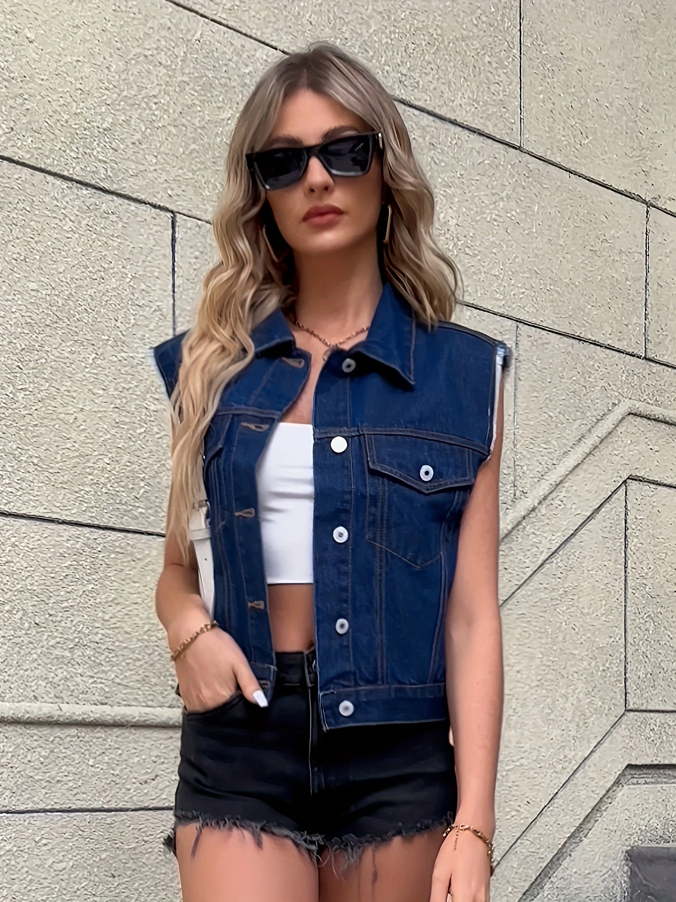 Sleeveless Cropped Buttoned Collared Pocketed Frayed Jacket
