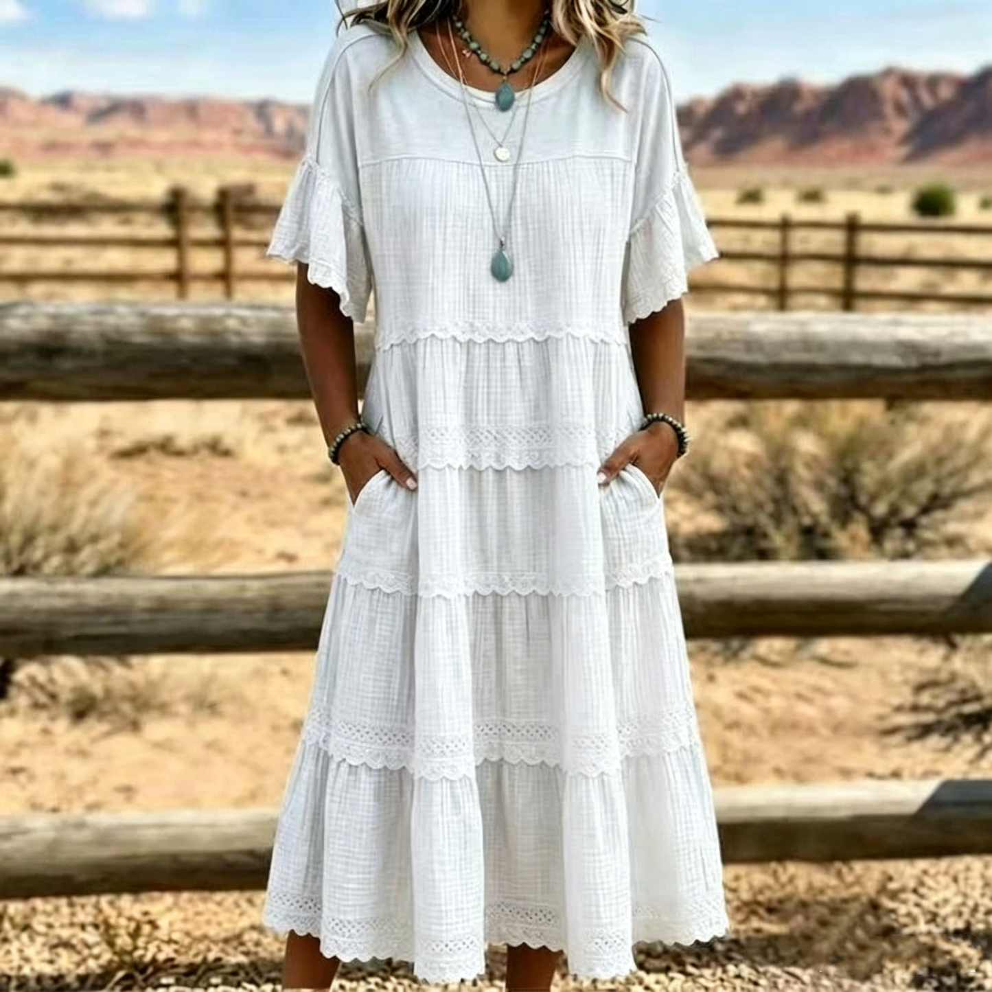 Tiered Scalloped Gathered Pocketed Flared Textured Dress