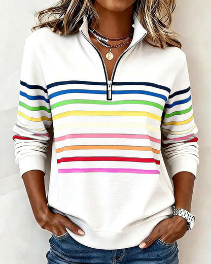 Women's Polo Collar Half Zip Striped Sweatshirt
