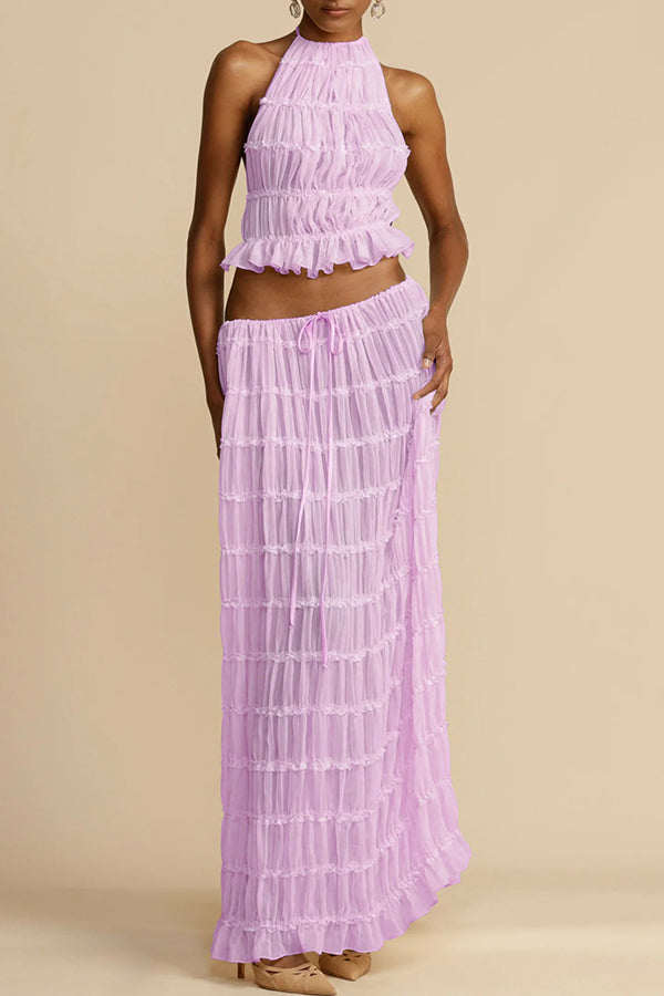 Drawstring Waist Layered Chiffon Set