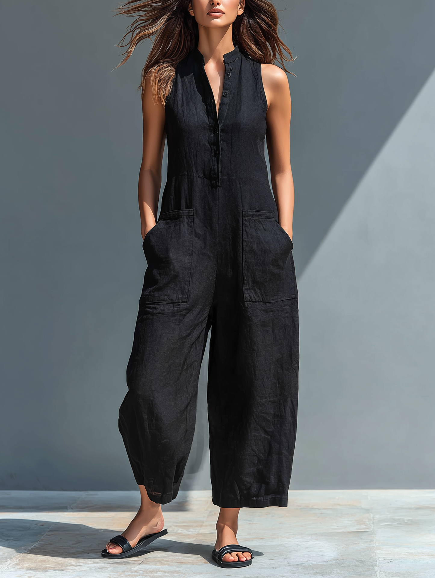 Solid Straight Cut Pocketed Front Button Jumpsuit