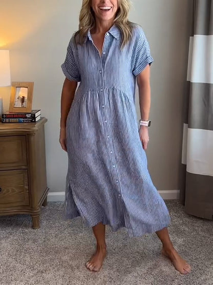 Striped Collared Buttoned Short Sleeved Dress