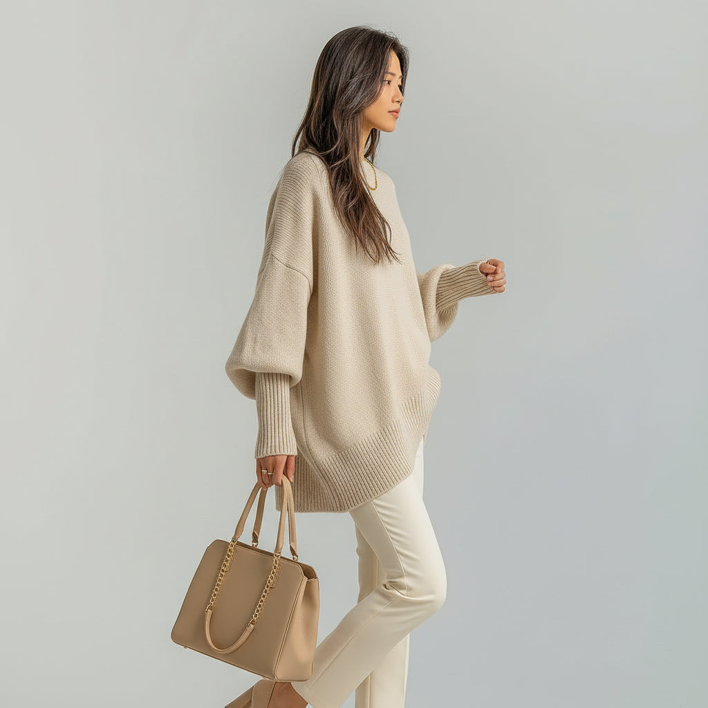 Women's Crew Neck Batwing Sleeve Oversized Asymmetric Hem Sweater