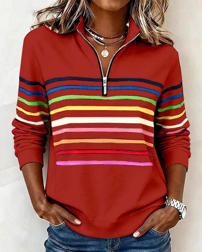 Women's Polo Collar Half Zip Striped Sweatshirt