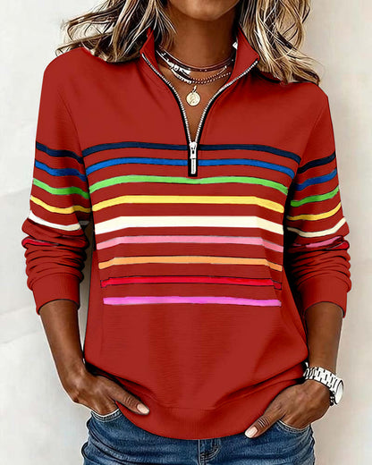 Women's Polo Collar Half Zip Striped Sweatshirt