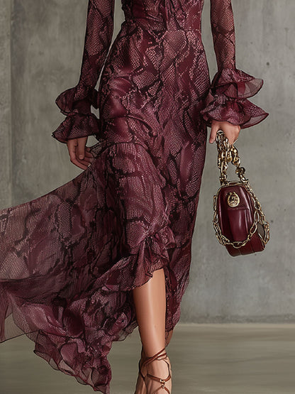 Plunging Ruffled Fitted Flared Tiered Maxi Dress