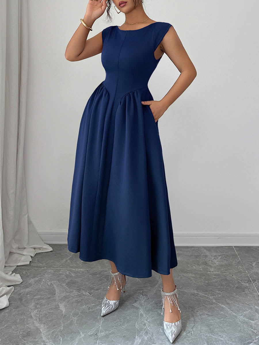 Boat Neck Sleeveless Pleated A-Line Backless Midi Dress with Pockets