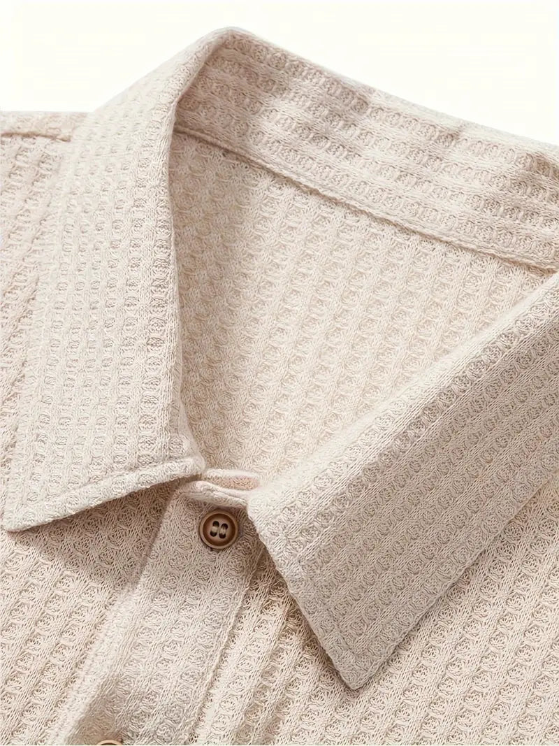 Short Collared Buttoned Textured Ribbed Straight Shirt