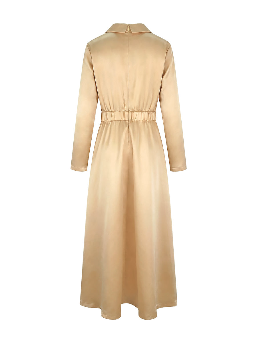 Lapel Neck Crisscross Satin A Line Maxi Dress