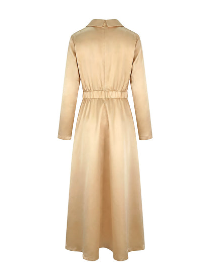Lapel Neck Crisscross Satin A Line Maxi Dress