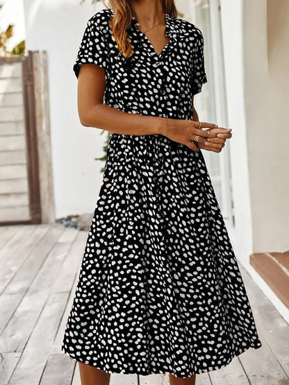 Printed Short Sleeve Drawstring Waist Dress