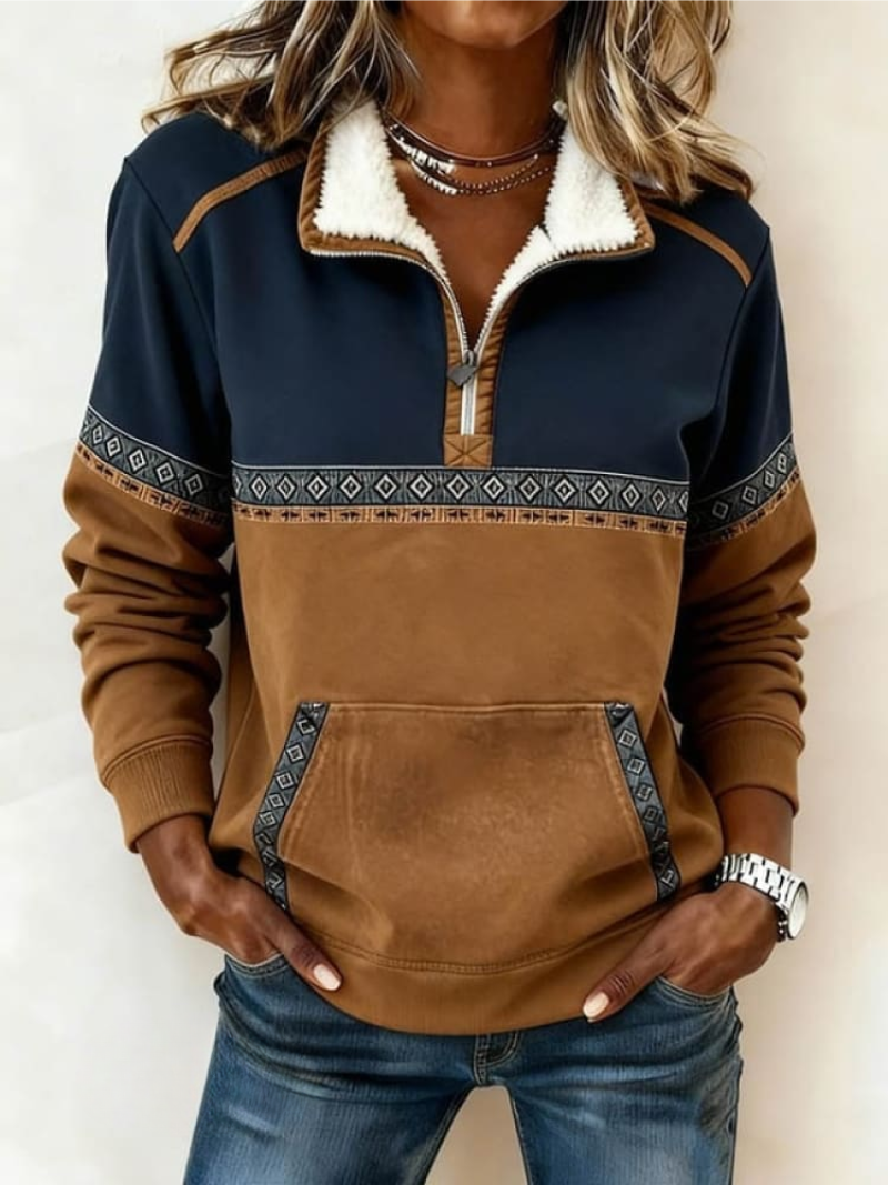 Women's Half Zip Long Sleeve Colorblock Pullover Sweater with Pocket