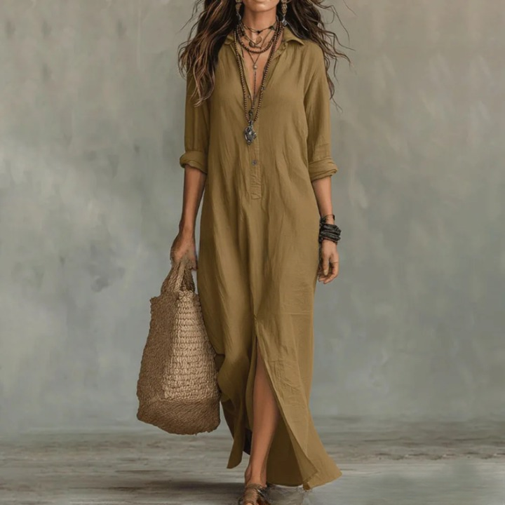 Collared Buttoned Loose Front Slit Dress