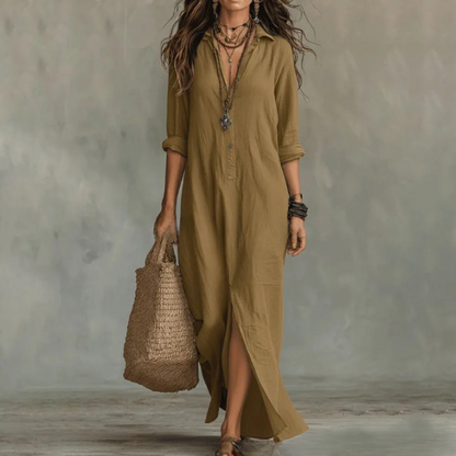 Collared Buttoned Loose Front Slit Dress